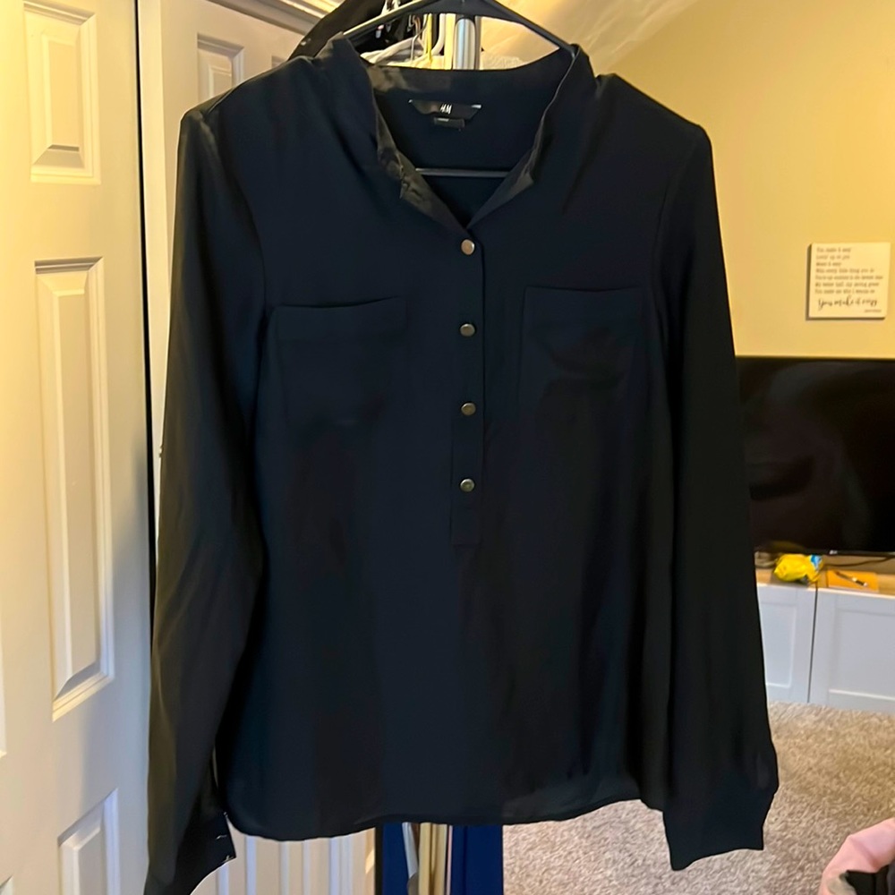 H&M Long Sleeve Black Silky Blouse, Bronze Buttons 3/4 neck and sleeves, EUC- 6